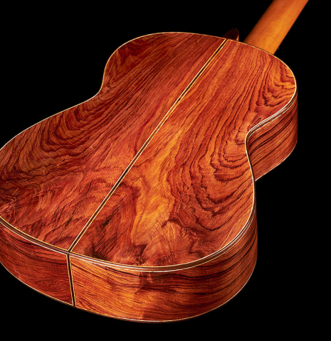 View from the back of a 2024 German Vazquez Rubio "Divina" classical guitar made of cedar and palo escrito