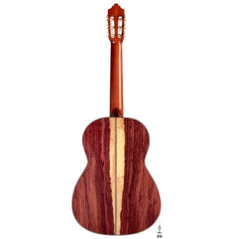 The back of a 2022 German Vazquez Rubio "Divina" classical guitar made with spruce and Palo Escrito