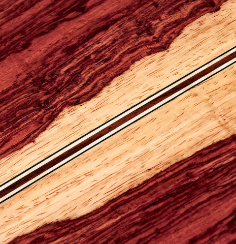 The Palo Escrito back of a 2022 German Vazquez Rubio "Divina" classical guitar made with spruce top