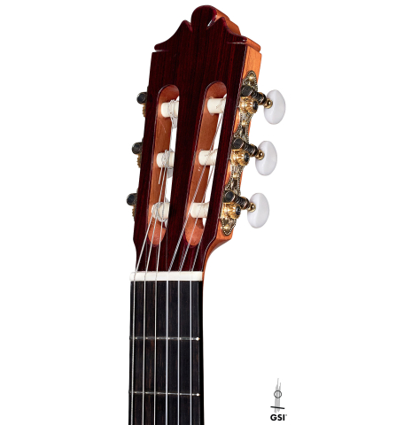 The headstock of a 2022 German Vazquez Rubio "Divina" classical guitar made with spruce and Palo Escrito