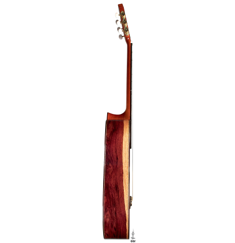 The side of a 2022 German Vazquez Rubio "Divina" classical guitar made with spruce and Palo Escrito