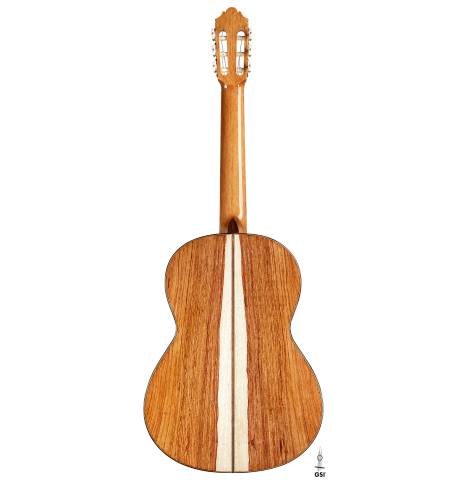 The back of a 2024 German Vazquez Rubio "Divina" classical guitar made of spruce and palo escrito