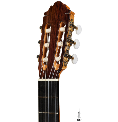 The headstock of a 2024 German Vazquez Rubio "Divina" classical guitar made of spruce and palo escrito