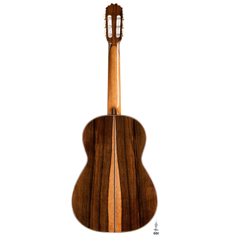 The back of a 2021 German Vazquez Rubio "Concert 635" classical guitar made of spruce and ziricote