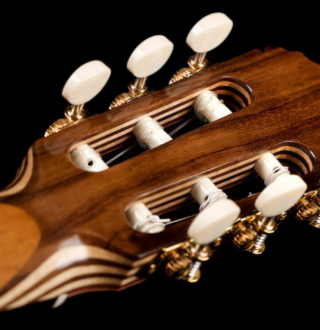 The back of the headstock of a 2021 German Vazquez Rubio "Concert 635" classical guitar made of spruce and ziricote