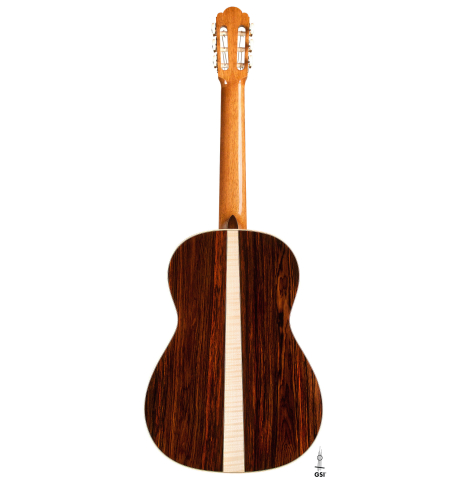The back of a 2021 German Vazquez Rubio "Hauser" classical guitar made of spruce and cocobolo
