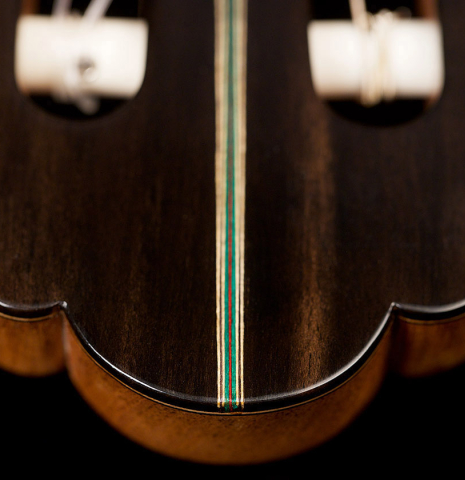 The headstock of a 2021 German Vazquez Rubio "Hauser" classical guitar made of spruce and cocobolo