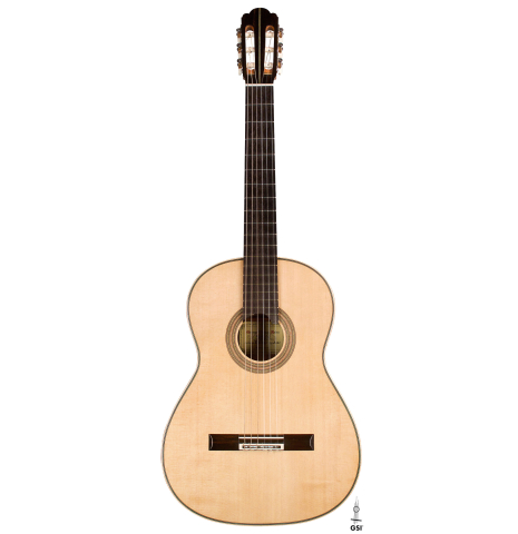 The front of a 2021 German Vazquez Rubio &quot;Hauser&quot; classical guitar made of spruce and cocobolo