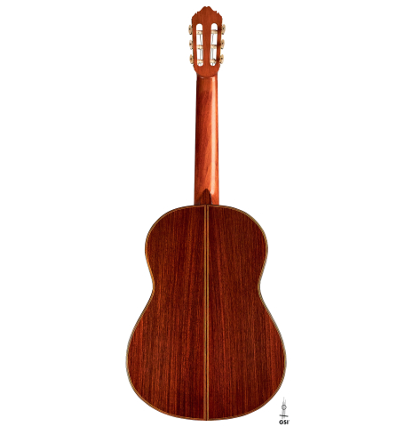 The back of a 1969 David Rubio classical guitar made of spruce and Indian rosewood