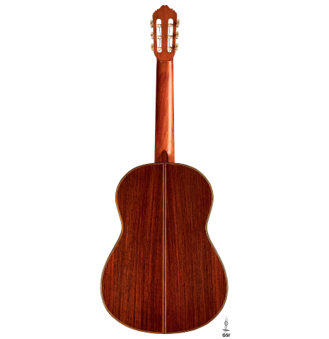 The back of a 1969 David Rubio classical guitar made of spruce and Indian rosewood