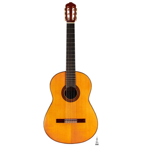 The front of a 1969 David Rubio classical guitar made of spruce and Indian rosewood