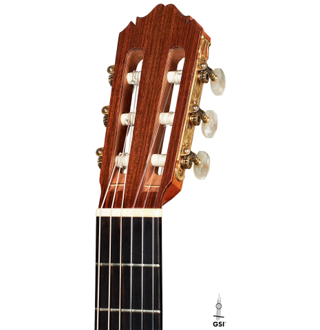 The headstock of a 1969 David Rubio classical guitar made of spruce and Indian rosewood