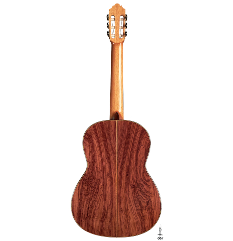 The back of a 2022 German Vazquez Rubio "Divina" classical guitar made of cedar and kingswood