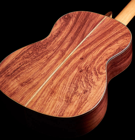 The back of a 2022 German Vazquez Rubio "Divina" classical guitar made of cedar and kingswood