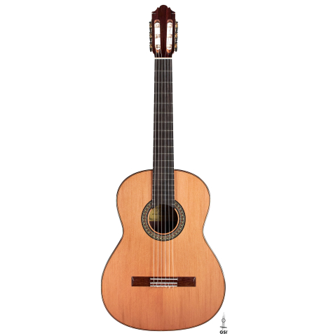 The front of a 2022 German Vazquez Rubio "Divina" classical guitar made of cedar and kingswood