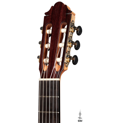 The headstock of a 2022 German Vazquez Rubio "Divina" classical guitar made of cedar and kingswood