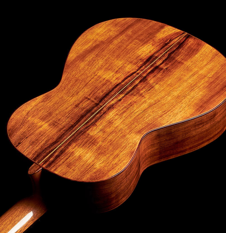 The back of a 1999 German Vazquez Rubio "640" classical guitar made with cedar and palo escrito