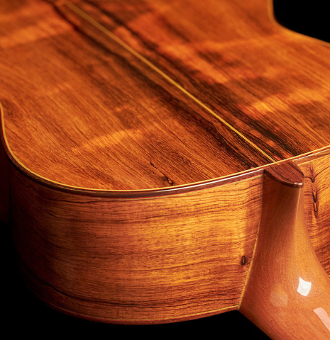 The back of a 1999 German Vazquez Rubio "640" classical guitar made with cedar and palo escrito