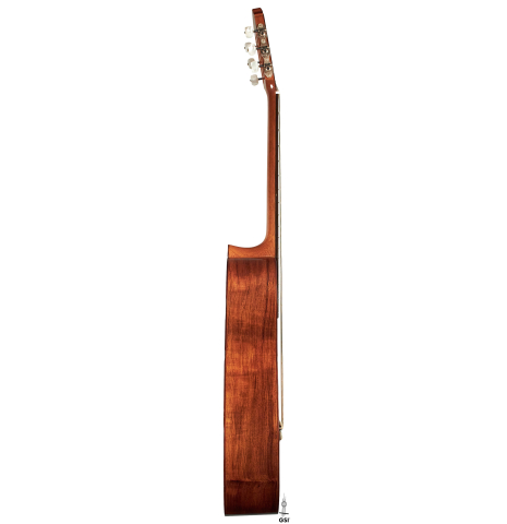 The side of a 1999 German Vazquez Rubio "640" classical guitar made with cedar and palo escrito