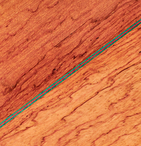 Close-up detail of the back of a 2023 German Vazquez Rubio "Classic Estudio 48" classical guitar made of cedar and palo escrito