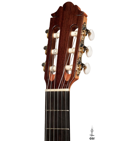 The headstock of a 2023 German Vazquez Rubio "Classic Estudio 48" classical guitar made of cedar and palo escrito