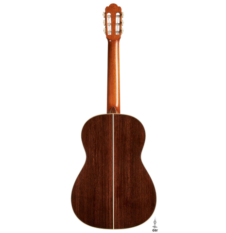 The back of a 2024 German Vazquez Rubio "Hauser" classical guitar made of spruce and Indian rosewood