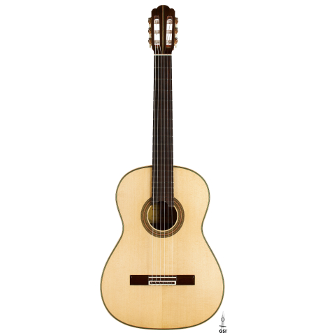 The front of a 2024 German Vazquez Rubio "Hauser" classical guitar made of spruce and Indian rosewood
