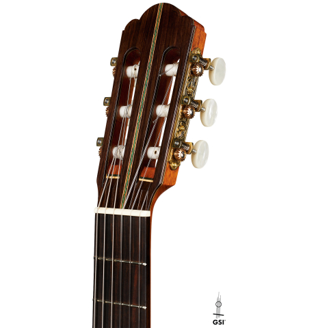 The headstock of a 2024 German Vazquez Rubio "Hauser" classical guitar made of spruce and Indian rosewood