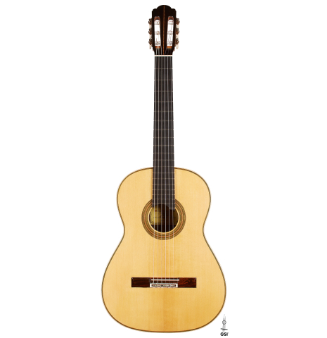 The front of a 2024 German Vazquez Rubio "Hauser" classical guitar made of spruce and CSA rosewood