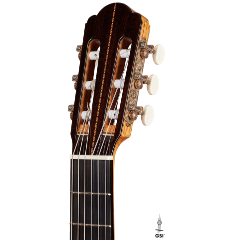 The headstock of a 2024 German Vazquez Rubio "Hauser" classical guitar made of spruce and CSA rosewood