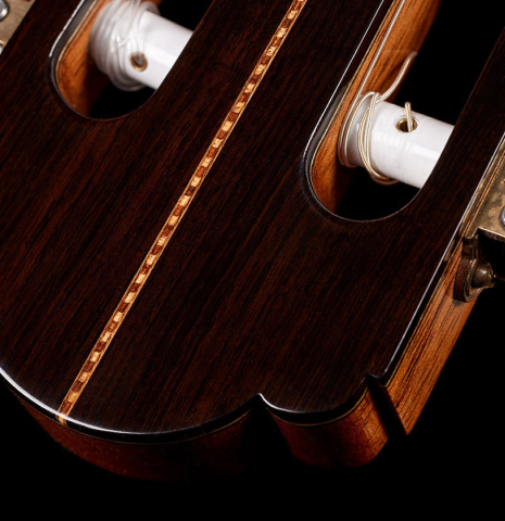 The headstock veneer and tuning machines of a 2024 German Vazquez Rubio "Hauser" classical guitar made of spruce and CSA rosewood