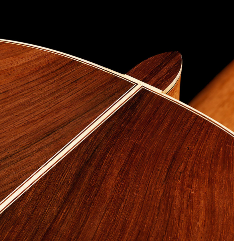 The heel and back purflings of a 2024 German Vazquez Rubio "Hauser" classical guitar made of spruce and CSA rosewood