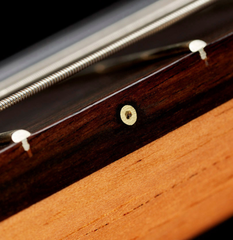 The side of the neck with fret marker in fingerboard of a 2024 German Vazquez Rubio "Solista" classical guitar made of spruce and Brazilian lacewood