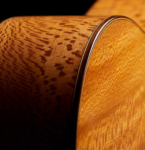 The back and side of a 2025 German Vazquez Rubio "Solista" classical guitar made of spruce and Brazilian lacewood