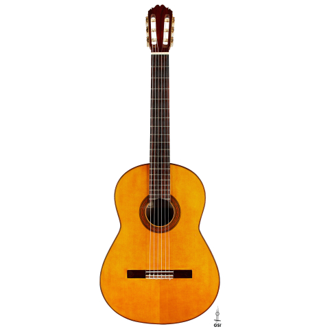 The front of a 1969 David Rubio "PF" classical guitar made of spruce and CSA rosewood