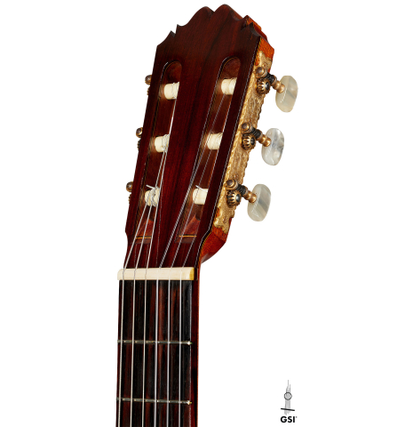 The headstock of a 1969 David Rubio "PF" classical guitar made of spruce and CSA rosewood