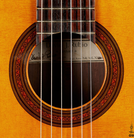 The rosette of a 1969 David Rubio "PF" classical guitar made of spruce and CSA rosewood