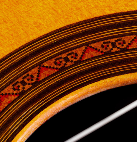 Detailed close-up of the rosette of a 1969 David Rubio "PF" classical guitar made of spruce and CSA rosewood