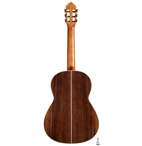 The back of a 2025 German Vazquez Rubio "Solista 640 Lefty" classical guitar made of cedar and Indian rosewood