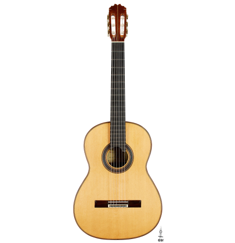 The front of a 2024 German Vazquez Rubio "Custom Elite" classical guitar made of spruce and CSA rosewood