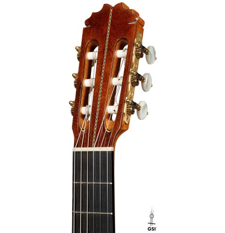 The headstock of a 2024 German Vazquez Rubio "Custom Elite" classical guitar made of spruce and CSA rosewood