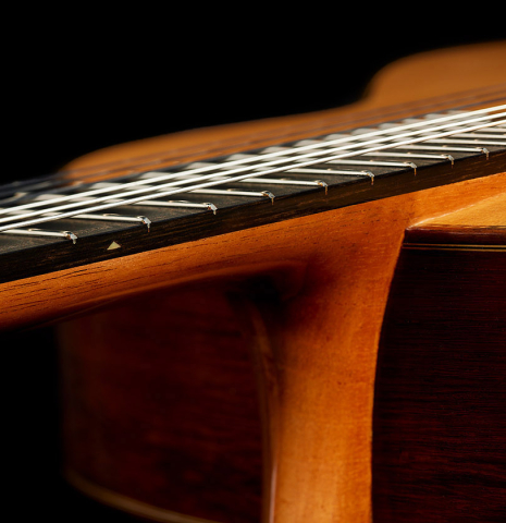 The elevated fingerboard of a 2024 German Vazquez Rubio "Custom Elite" classical guitar made of spruce and CSA rosewood