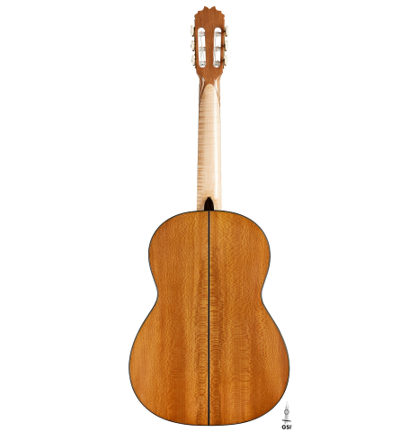 The back of a 2025 German Vazquez Rubio "Solista" classical guitar made of cedar and Brazilian lacewood