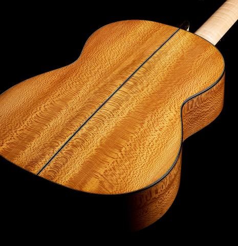 The back and sides of a 2025 German Vazquez Rubio "Solista" classical guitar made of cedar and Brazilian lacewood