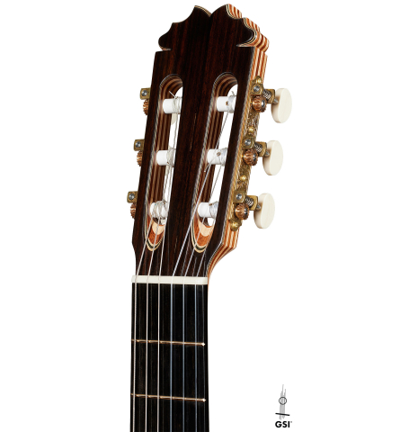 The headstock of a 2025 German Vazquez Rubio "Solista" classical guitar made of cedar and Brazilian lacewood