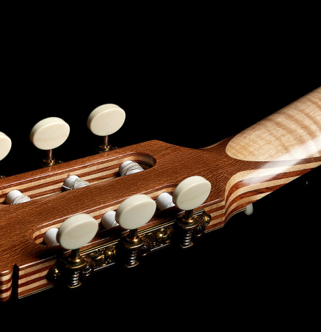 The back of headstock with veneered layering of a 2025 German Vazquez Rubio "Solista" classical guitar made of cedar and Brazilian lacewood
