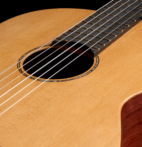 The soundboard of a 2026 German Vazquez Rubio "Classic Estudio-SM" classical guitar made of cedar and palo escrito