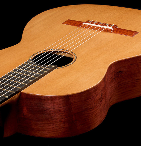 The top and sides of a 2026 German Vazquez Rubio "Classic Estudio-SM" classical guitar made of cedar and palo escrito