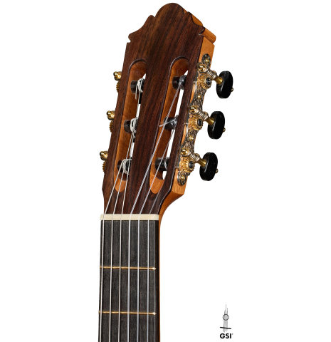 The headstock of a 2026 German Vazquez Rubio "Classic Estudio-SM" classical guitar made of cedar and palo escrito