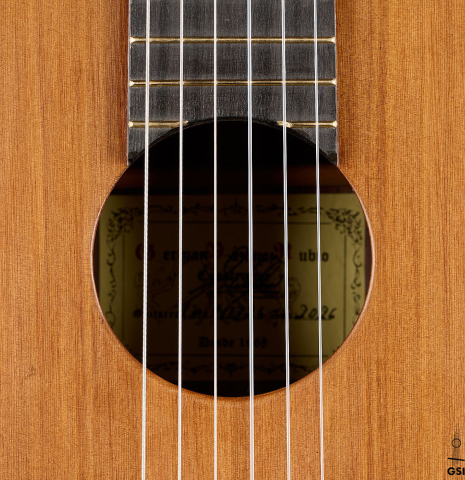 The soundhole of a 2026 German Vazquez Rubio "Classic Estudio-SM" classical guitar made of cedar and palo escrito